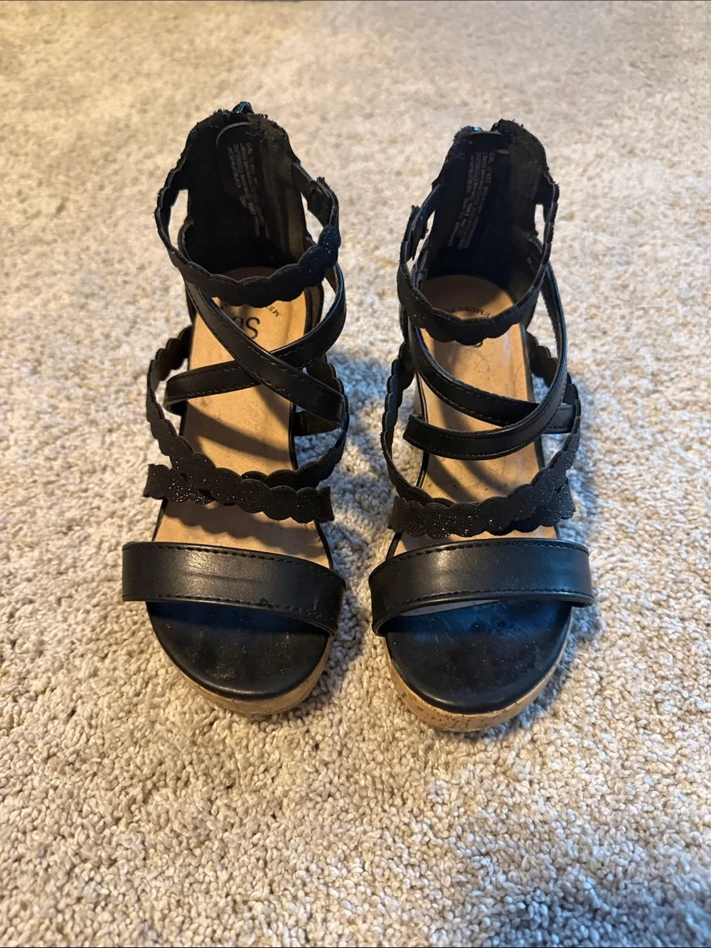 Girls Black Scalloped Strappy Wedge Sandals - Size 12